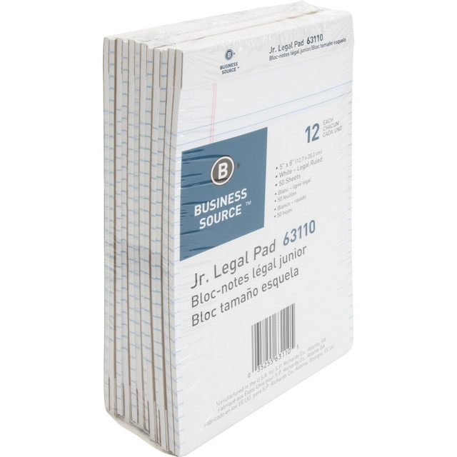 SP RICHARDS 63110 Business Source Writing Pads - 50 Sheets - 0.28in Ruled - 16 lb Basis Weight - Jr.Legal - 8in x 5in Sheet Size - White Paper - Micro Perforated, Easy Tear, Sturdy Back - 1 Dozen