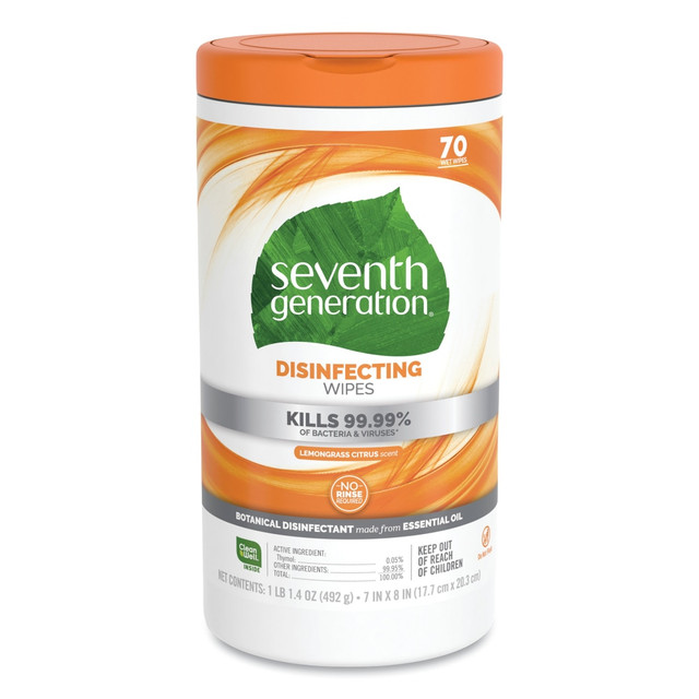 SEVENTH GENERATION, INC. 22813 Seventh Generation Disinfectant Wipes, Lemongrass Citrus, Container Of 70 Wipes SEVENTH GENERATION, INC. 22813 Seventh Generation Disinfectant Wipes, Lemongrass Citrus, Container Of 70 Wipes