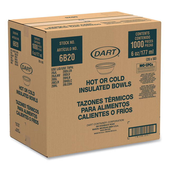 DART 6B20 Insulated Foam Bowls, 6 oz, White, 50/Pack, 20 Packs/Carton