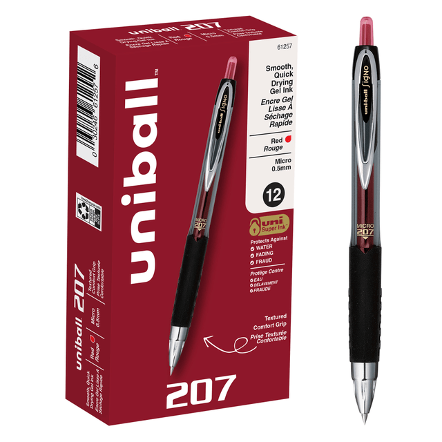 NEWELL BRANDS INC. 61257 uni-ball 207 Retractable Fraud Prevention Gel Pens, Micro Point, 0.5 mm, Black Barrels, Red Ink, Pack Of 12 NEWELL BRANDS INC. 61257 uni-ball 207 Retractable Fraud Prevention Gel Pens, Micro Point, 0.5 mm, Black Barrels, Red Ink, Pack Of 12