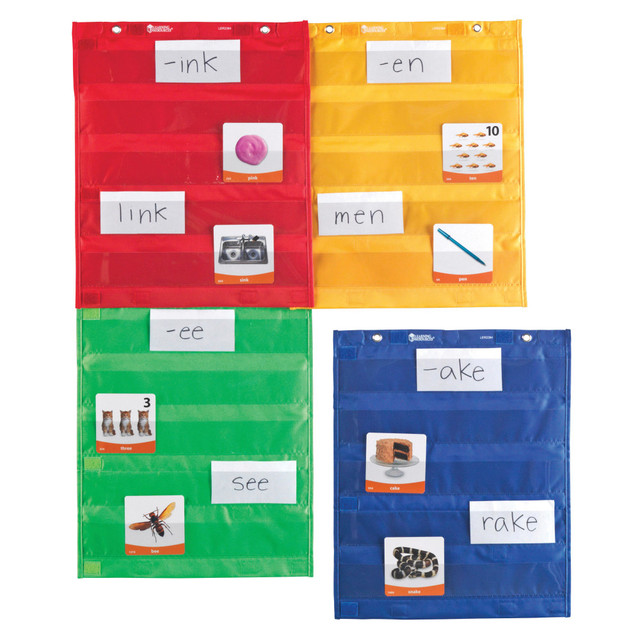 Beyond versatile! Use the 4 charts alone, connect vertically or horizontally with hook-and-loop fasteners to make a larger chart!  Great for small groups, centers, combined whole-group displays and more.  Features 5 rows of clear pockets for your own cards, plus 2 large storage pockets on the reverse side.  Four colors- red, orange, blue, green.  Hang with included magnets or grommets.  Each chart measures 14inL x 17inH.