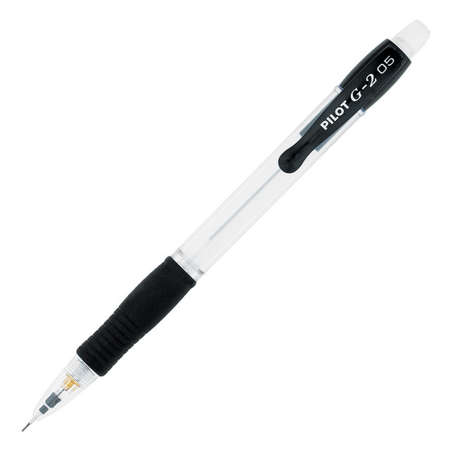 Take tests and sketch diagrams with these Pilot G2 mechanical pencils. The clear barrel lets you monitor the lead levels so you know when a refill is due, while the HB fine-point lead produces thin, dark strokes for precision drawing. These Pilot G2 mechanical pencils feature a contoured rubber grip for a comfortable writing experience.  Plastic case with rubberized grip for comfort.  Clear barrel lets you keep tabs on lead levels.  #2 lead resists breakage for lasting use.  Built-in eraser makes it easy to rectify mistakes.  12-pack of Pilot G2 mechanical pencils.  0.5mm lead tip.  Refillable - designed to be used repeatedly, helping you avoid single-use disposables and potentially save money.