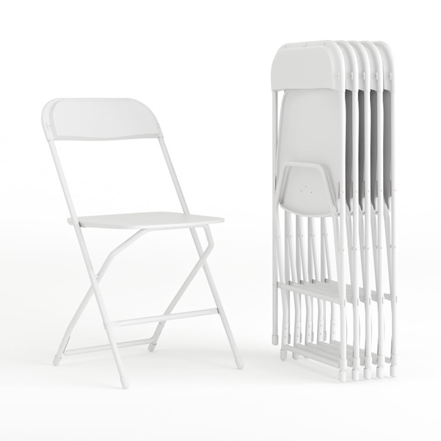 Provide seating for guests or customers with these Flash Furniture Hercules Series Plastic Folding Chairs. Textured seats boast drain holes to prevent spills or water pooling during outdoor use. These lightweight folding chairs can be moved around as needed or stacked for easy storage when not in use.  Overall Dimensions: 31-1/2inH x 17-1/2inW x 18inD.  Weight capacity tested to support 650 lb.  Durable 18-gauge steel frames and support braces.  Textured plastic seats with drain holes.  Non-marring floor caps.  Lightweight design stacks up to 50 high.  Suitable for indoor and outdoor use.  Save time - no assembly required.  Tested to meet ANSI/BIFMA Performance Standards - Manufacturer testing has been conducted on this product to meet specific performance requirements and safety standards set forth by the American National Standards Institute (ANSI) and the Business and Institutional Furniture Manufacturers.