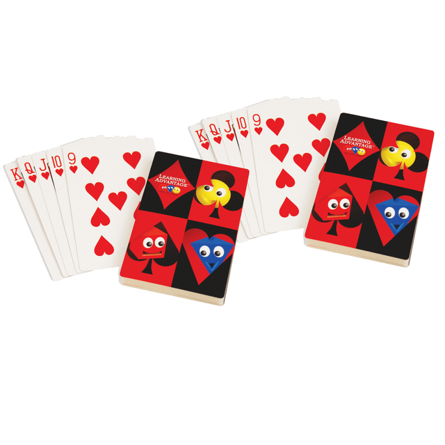 Your students will love these giant-sized playing cards. Use them for all kinds of classroom counting activities. A practical learning tool for any class involving math!  Use deck to teach students card games or probability games.  Coated for durability. Bring these out year after year.  Each set includes 52 traditional playing cards with 2 jokers.  2 decks to have multiple games going at once.