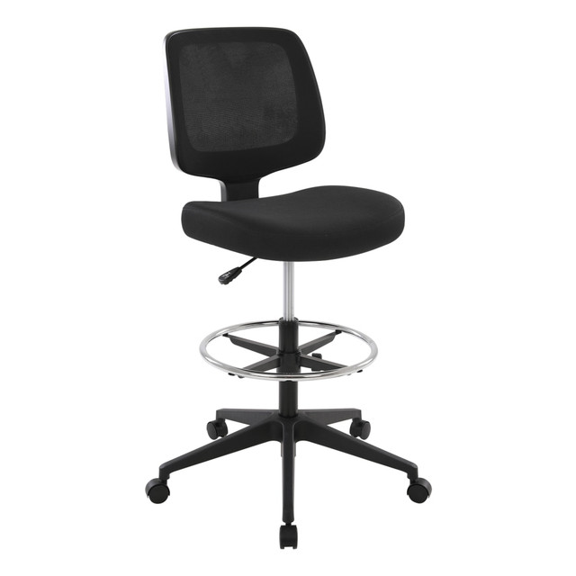 The Laristo Mid-Back Drafting Chair takes seating to new heights, accommodating higher work surfaces like drafting tables, countertops and sit/stand height-adjustable desks. The adjustable footrest provides a sturdy, comfortable area to support your feet. The Realspace chairs high-density foam-cushioned seat and breathable mesh back offer cool comfort & support during short or long work sessions.  1-touch pneumatic height-adjustment for optimum positioning.  Mesh back and fabric seat.  Adjustable foot ring offers support at any height.  Height-adjustable chair seat height range: 25-9/16in to 35-7/16in.  Chair height range: 41-3/4in to 51-9/16in.  5-year limited warranty.  Supports up to 275 lb.  ANSI/BIFMA Compliant - This product has been tested and verified for compliance with rigorous performance requirements and safety standards related to specific furniture products.