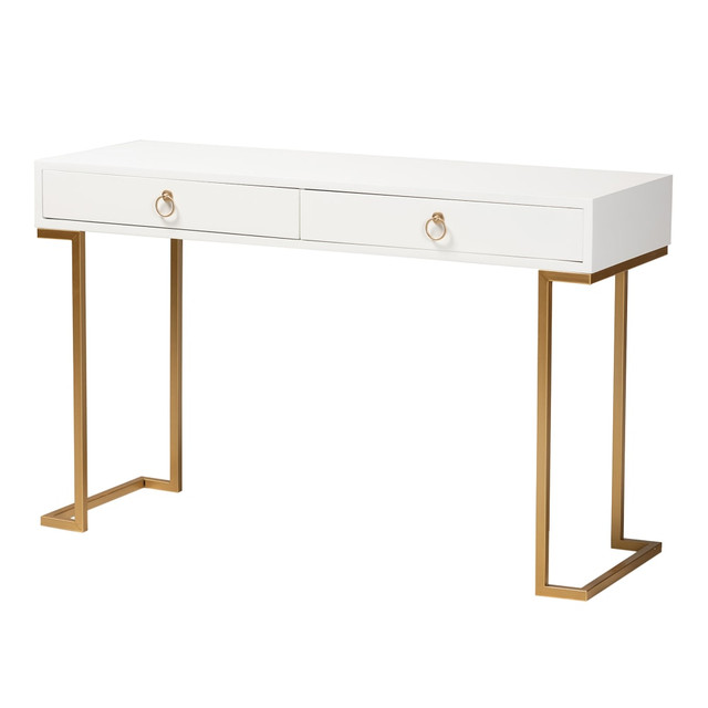 WHOLESALE INTERIORS, INC. Baxton Studio 2721-12064  Beagan 2-Drawer Console Table, 29-1/2inH x 47-1/4inW x 15-3/4inD, White/Gold