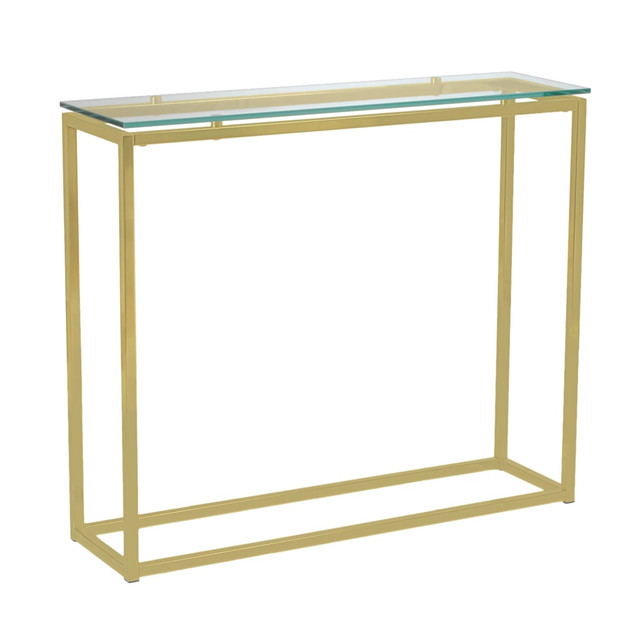 EURO STYLE, INC. Eurostyle 28033MBG  Sandor Console Table, 30-1/3inH x 35-4/5inW x 10inD, Matte Brushed Gold/Clear