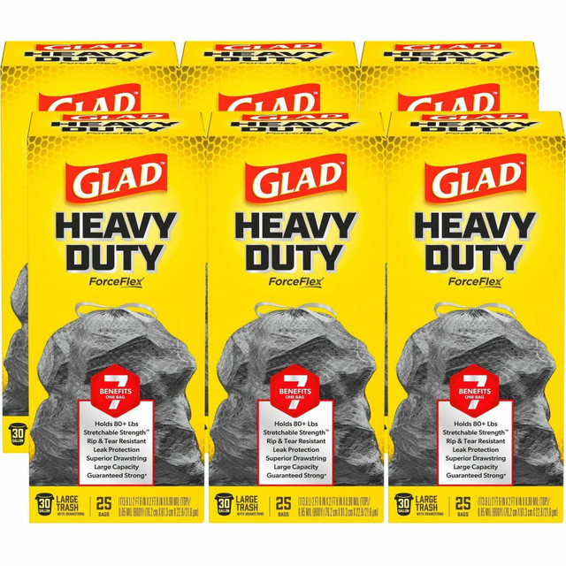 THE CLOROX COMPANY 70359PL Glad ForceFlexPlus Large Drawstring Trash Bags - Large Size - 30 gal Capacity - 24in Width x 25.13in Length - Drawstring Closure - Black - Plastic - 312/Pallet - 25 Per Box
