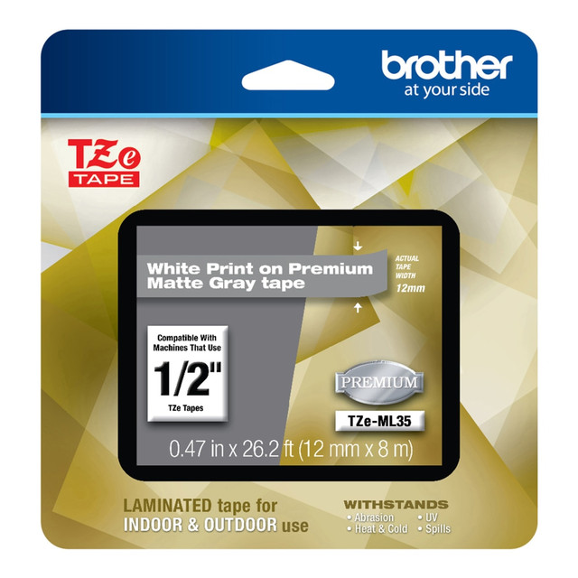 BROTHER INTL CORP TZE-ML35 Brother TZE Premium Matte Laminated Tape, 0.47in x 26.2ft, White/Gray