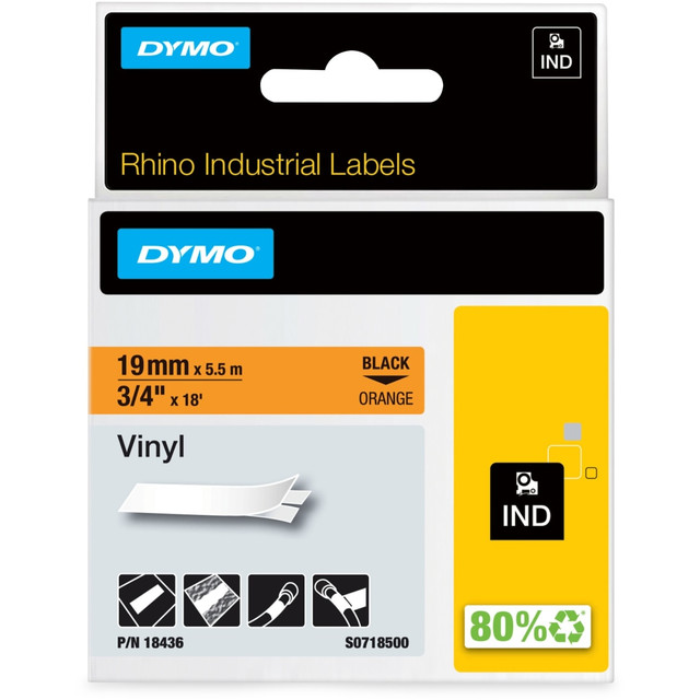 NEWELL BRANDS INC. 18436 DYMO Colored Industrial Rhino Vinyl Labels, 3/4inW x 18L, Black on Orange