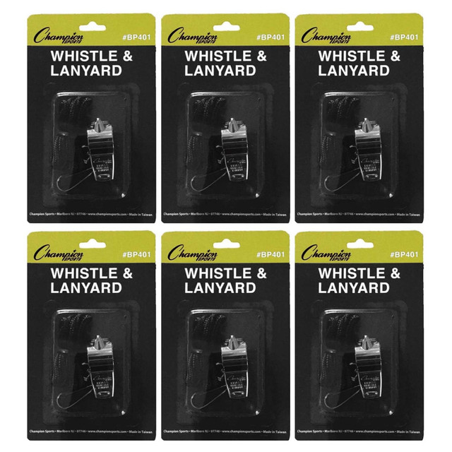 EDUCATORS RESOURCE CHSBP401-6 Champion Sports Metal Whistle & Lanyard Packs, 13/16inH x 13/16inW x 1-3/4inD, Silver/Black, Set Of 6 Packs EDUCATORS RESOURCE CHSBP401-6 Champion Sports Metal Whistle & Lanyard Packs, 13/16inH x 13/16inW x 1-3/4inD, Silver/Black, Set Of 6 Packs
