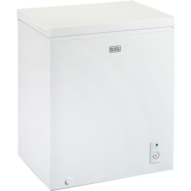 Keep plenty of frozen dinners, meats and snacks handy in the Black & Decker Chest Freezer. With 7 temperature control options, you can customize your freezer to suit the foods being stored.  7 temperature control options.  Removable food storage organizer basket included.  Top opening and power-on indicator light for ease of use.  2 adjustable, leveling legs keep the unit stable.  Uses R600a refrigerant.  Backed by the manufacturers 1-year limited warranty.  IMPRESSIVE CAPACITY: This BLACK+DECKER 5.0 cu. ft. chest freezer (24.9in x 21.8in x 33.5in)can hold up to 175 lbs. of frozen food. Easily store cherished recipes, household staples and savored dishes with this outstanding freezer chest.  ORGANIZE IN MINUTES: Thanks to the removable food storage organizer basket that comes with this phenomenal freezer chest 5.0 cubic feet, you can easily situate trays, containers & cartons for seamless drop-in and retrieval.  TEMPERATURE CONTROL: Manually determine your preferred temperature on this outstanding deep freeze with 7 control options. Have the peace of mind your food is stored at the right notch.  EASY OPENING & INSTALLATION: A convenient top opening and power-on indicator light makes navigating your new freezer effortless. Unit also comes with two adjustable leveling legs and space-saving back design.  FREEZE DELICIOUS MEALS: With more people cooking at home, this deep freezer is a perfect addition. Make meal planning easier and entertaining company more streamlined with amazing frozen meals at your fingertips.  This product is heavy and/or oversized and may need more than one person to handle.