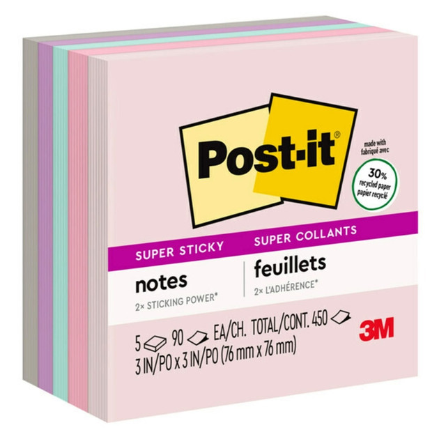Post-it Recycled Super Sticky Notes in 3 in. x 3 in. feature 2x the sticking power. Use for notes or reminders on doors, windows or walls. Unique adhesive reliably sticks and re-sticks so your message can stay front and center. Move your notes with you throughout the day.  Post-it Super Sticky Notes have 2X the sticking power  Post-it Super Sticky Notes stick and re-stick so your thoughts get noticed  Use for reminders on doors, windows and walls  Download the free Post-it App. If working or learning remotely, the Post-it App can capture & share ideas, track tasks, or create colorful calendars. Share across platforms like Dropbox, Trello, PowerPoint, or sync across your devices  3 in x 3 in, Wanderlust Pastels Collection  5 pads per pack, 90 sheets per pad  Post-it Super Sticky Notes have 2X the sticking power  Post-it Super Sticky Notes Recycled Notes are made with 30% recycled paper  Post-it Super Sticky Notes are recyclable  The paper in Post-it Super Sticky Notes is sourced from certified, renewable and responsibly managed forests  Contains Recycled Content - See Specs for Details.