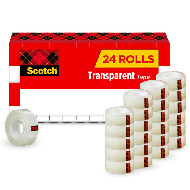 When you have a million and one things to do, theres one tape to get Scotch Transparent Tape. Its clearly strong holds things together in an instant; keeps things together for a long time. Clearly multi purpose ideal for all the jobs you need to get done. And clearly..clear using 3M adhesive technology, it goes on transparently and wonT yellow with age. Scotch Transparent Tape Refills fit into all standard dispensers, glide off the roll smoothly, and cut easily without wasted tape. Whatever you need to get done, wherever you are home, work or school Scotch Transparent Tape Refill Rolls are clearly ready to go to work.  Classic glossy-finish  Ideal for multi-purpose sealing and label protection  Instant adhesion, excellent holding power  Crystal clear  Ideal on shiny surfaces  Pulls off the roll smoothly and cuts easily  Strong, secure, won"t yellow with age  Photo safe  Makes a great complement to decorative gift-wrapping paper  Easy-to-apply design that doesnT dry out or yellow  Great for basic taping jobs around the house  Made in the USA with Globally Sourced Materials