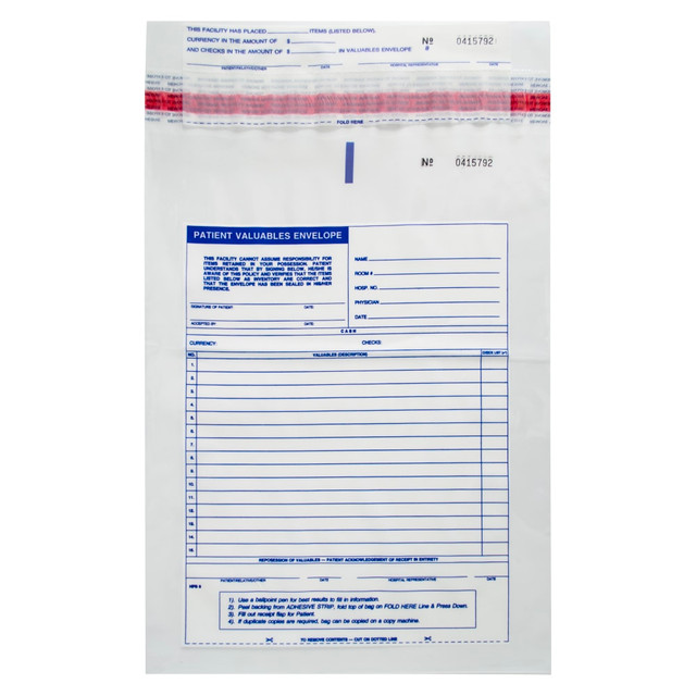 TAYLOR CORP Taylor Corporation W-PVB-105000 Patient Valuables Form And Plastic Bag, Tamper Evident, Sequentially Numbered, 10in x 13in, Pack Of 5,000 Sets