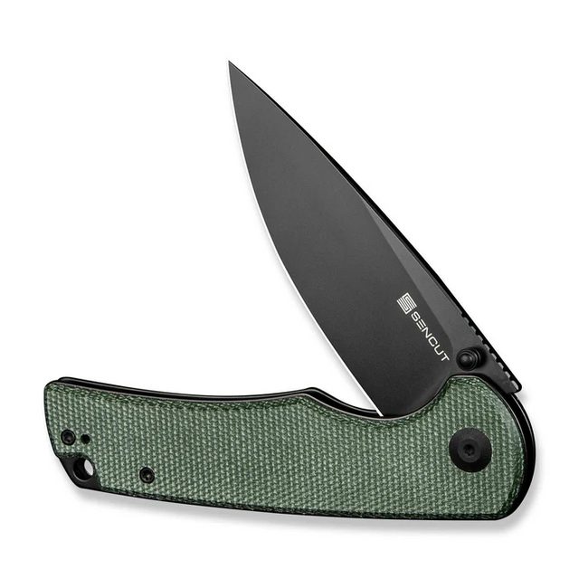 SENCUT S24019-3 Praktisk Flipper/Thumb Stud Folding Knife 3.59"" Black 9Cr18MoV Drop Point Plain Edge Blade, Green Canvas Micarta Handle