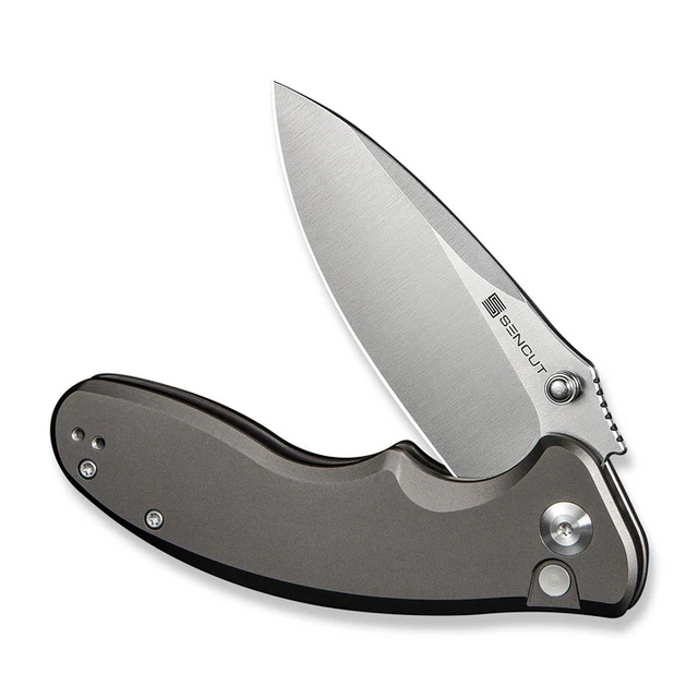SENCUT S23098A-2 Cybrix Flipper/Thumb Stud Folding Knife 3.46"" Satin 9Cr18MoV Drop Point Plain Edge Blade, Gray Aluminum Handle SENCUT S23098A-2 Cybrix Flipper/Thumb Stud Folding Knife 3.46"" Satin 9Cr18MoV Drop Point Plain Edge Blade, Gray Aluminum Handle