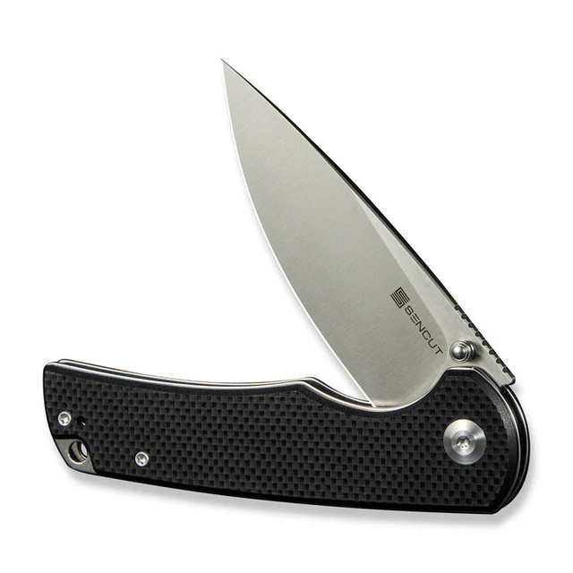 SENCUT S24019-1 Praktisk Flipper/Thumb Stud Folding Knife 3.59"" Satin 9Cr18MoV Drop Point Plain Edge Blade, Black G10 Handle SENCUT S24019-1 Praktisk Flipper/Thumb Stud Folding Knife 3.59"" Satin 9Cr18MoV Drop Point Plain Edge Blade, Black G10 Handle