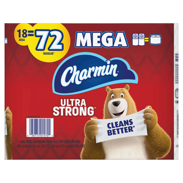 THE PROCTER & GAMBLE COMPANY Charmin 01570  Ultra Strong 2-Ply Mega Toilet Paper Rolls, 4-1/2in x 4in, White, 242 Sheets Per Roll, Pack Of 18 Rolls
