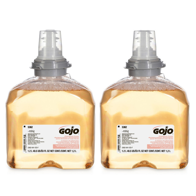 This GOJO premium antibacterial hand soap kills the most common bacteria. The rich self-lathering foam makes hand washing quick and effective.   Premium antibacterial soap with 0.3% PCMX that kills most common bacteria to strengthen your infection control system  Four conditioners including vitamin E work together in a formula that helps prevent dry skin, even when frequent hands washing is required. Triclosan-free  This hand soap comes in a SANITARY SEALED refill, with a fresh dispensing valve that is attached during production to help lock out germs.  Rich self-lathering foam makes hand washing quick and effective  TFX Touch-Free Dispenser works with the Premium Antibacterial Foam Handwash to help prevent the transmission of germs.  TFX refill contains 1,200 mL of soap and comes 2 to a pack.  Green Seal certified - reduced environmental impact from an overall lifecycle standpoint.  Antimicrobial is an agent that kills microorganisms or stops their growth.  Less harsh chemicals - made with fewer harsh chemicals, or safer chemicals than typical alternatives, helping  reduce your use of and exposure to substances that may be more harmful to your health and the environment.