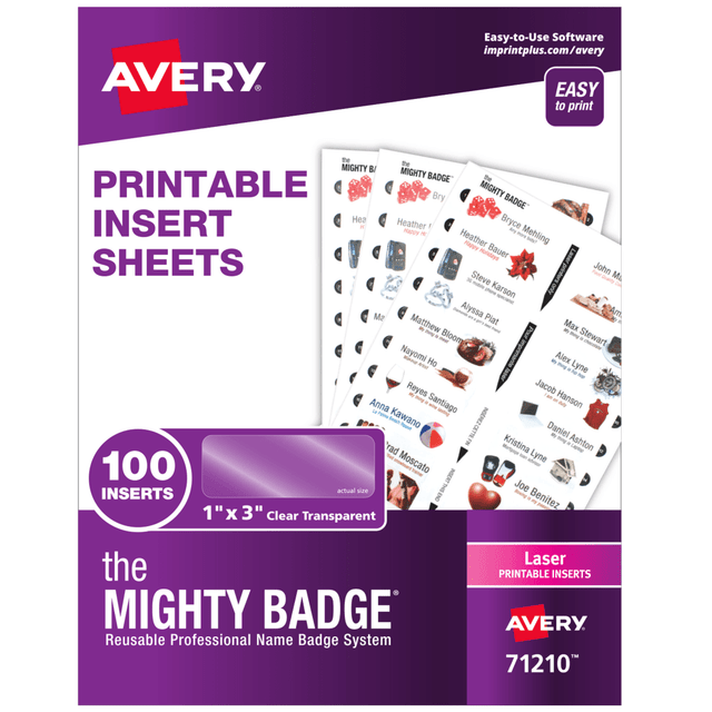 AVERY PRODUCTS CORPORATION 71210 Avery The Mighty Badge Inserts For Laser Printers, 1in x 3in, Clear, Pack Of 100 Inserts