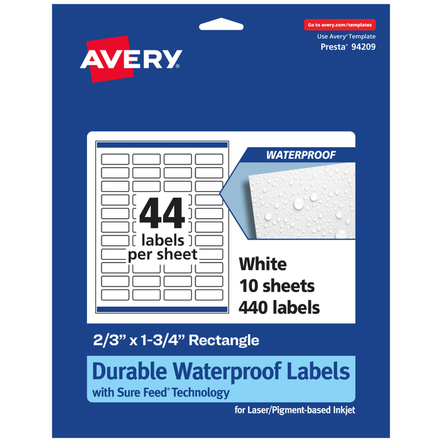 AVERY PRODUCTS CORPORATION 94209-WMF10 Avery Waterproof Permanent Labels With Sure Feed, 94209-WMF10, Rectangle, 2/3in x 1-3/4in, White, Pack Of 440