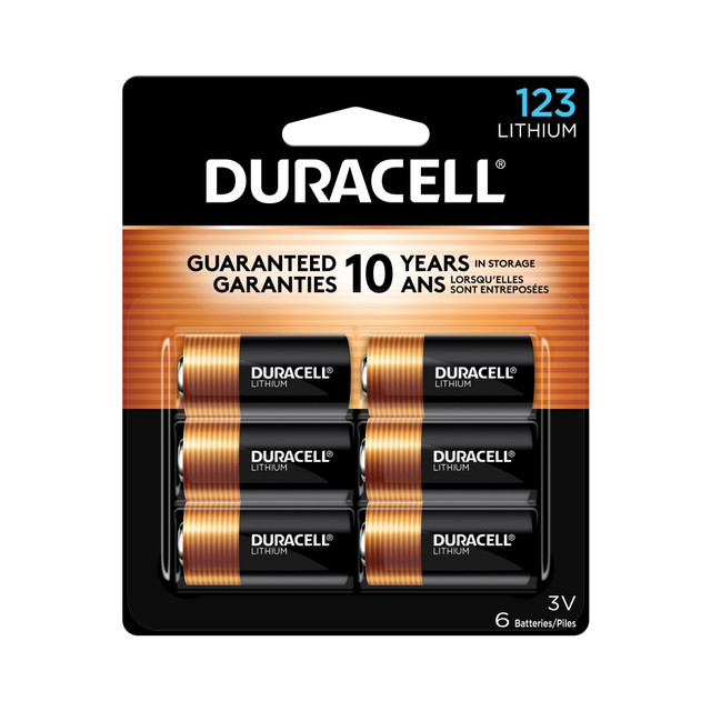 The Duracell CR123A 3 Volt High Power Lithium battery is designed to provide reliable power to devices like home safety and security devices, high-intensity flashlights, home automation, and more. Duracell 123 High Power Lithium batteries are guaranteed for 10 years in storage, so you can be confident these batteries will be ready when you need them. From storm season to the holidays, Duracell is the #1 trusted battery brand.  POWER FOR A WIDE RANGE OF DEVICES: The Duracell 123 3 Volt High Power Lithium battery is designed for use in a variety of compatible devices like wireless security systems, home automation, photography and lighting equipment, and more.  LONG-LASTING POWER: Duracell High Power CR123A Lithium batteries were also developed to provide reliable performance for essential devices like compatible smoke detectors and fire alarms.  GUARANTEED FOR 10 YEARS IN STORAGE: Duracell 123 High Power Lithium batteries are guaranteed for 10 years in storage, so you can be confident these batteries will be ready when you need them.  BUILT FOR RELIABLE PERFORMANCE in a wide range of high-powered devices, the CR123A is equivalent to 3V CR17345, DL123, and EL123 battery types and available in 1-, 2-, 4-, 6-, and 12-count packs.  #1 TRUSTED BATTERY BRAND: From storm season to medical needs to the holidays, Duracell is the #1 trusted battery brand.  Pack of 6 Batteries
