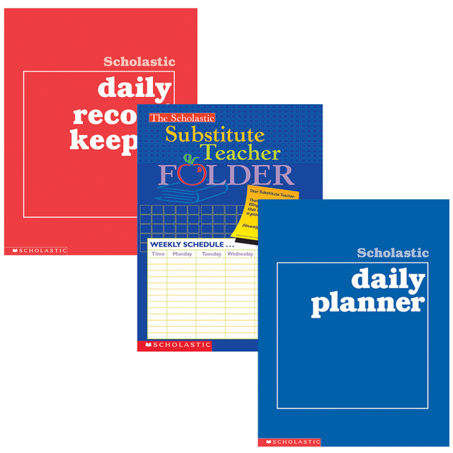Plan ahead with the Scholastic Teacher Resources Planner & Record Keeper Set. The set includes a substitute folder, a daily planner and a daily record keeper so you can plan ahead, stay organized and focus on your lesson plans.  Includes 1 substitute teacher folder, 1 daily planner and 1 daily record keeper.  Substitute folder has a storage pocket, charts, checklists, helpful notes and more to keep your temporary replacement informed.  Daily planner has planning forms for each week of the school year and a class roster.  Daily record keeper includes forms for recording grades.