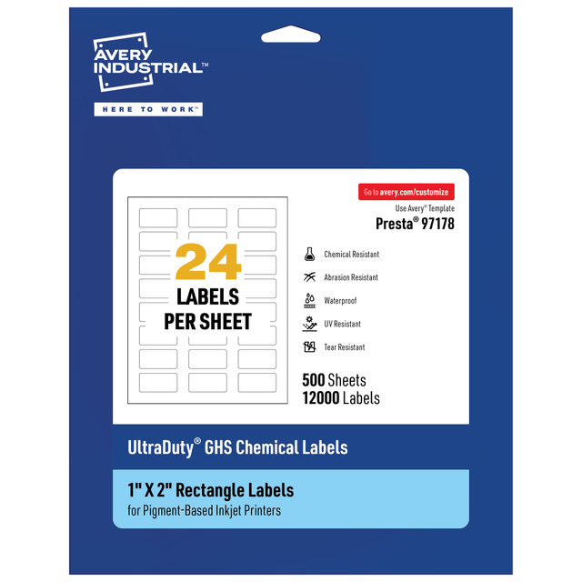 AVERY PRODUCTS CORPORATION 97178-WMUI500 Avery Ultra Duty Permanent GHS Chemical Labels, 97178-WMUI500, Rectangle, 1in x 2in, White, Pack Of 12,000