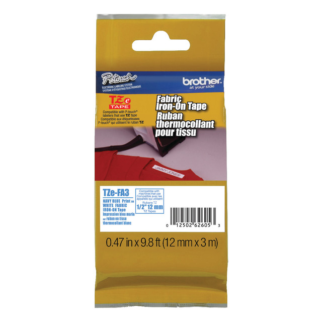 BROTHER INTL CORP Brother TZEFA3  TZeFA3 Ptouch Iron-On Tape - 15/32in Width - Thermal Transfer - White, Navy Blue - 1 Each - Water Resistant - High Durable, Abrasion Resistant, Fade Resistant, Chemical Resistant, Temperature Resistant, Iron-on Trans