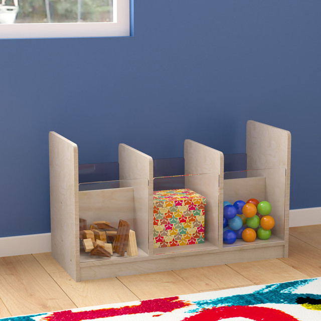 If you need to organize a play space or learning area, look to the Flash Furniture Bright Beginnings Commercial-Grade Modular Double-Sided Multipurpose Wooden Classroom Storage Unit With Transparent Sides. This unit is made of sturdy and dependable plywood and features multiple cubbies to store different items in different spaces.  Engineered birch plywood creates a durable design that resists yellowing, stains and scratches.  Offers separate storage areas to keep things tidy.  Double-sided design with transparent plastic sides.  Height makes it accessible for toddlers.  Rounded edges help prevent potential damage.  Weight capacity tested to support up to 100 lb.  Wipe clean with a damp cloth.  Assembly required.  Backed by the manufacturers 3-year limited warranty.