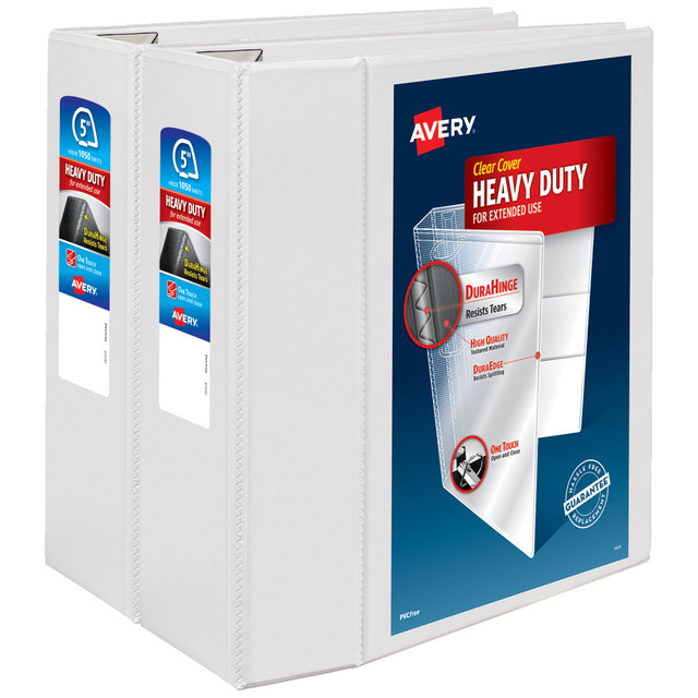 Designed to last, Avery Heavy-Duty View Binders are perfect for long-term storage and everyday use. Created with durable, non-stick polypropylene, Avery Heavy-Duty Binders are built to defend your documents from everyday wear and tear. Our DuraHinge technology helps avoid tearing along the spine and our DuraEdge technology makes the sides more pliable to resist splitting.  Avery 3 Ring Binders are perfect for organization as school binders, recipe binders, receipt binders and more.  Built tough and designed to resist tearing using patented DuraHinge and DuraEdge technology.  Back-mounted EZD rings open with ease, hold up to 50% more sheets than round rings and can keep sheets flat and secure.  Customize unique cover and spine designs with clear view binder pockets.  Store extra notes and documents with four interior pockets made with a non-stick material that keeps your print safe and smudge-free.  Keep divider tabs and sheet protectors safe with the wide front and back covers.  Includes a set of 2 binders.  UL Claim Validation - UL environmental claim validations lend third-party credibility to single-attribute environmental claims.  Contains Recycled Content - See Specs for Details.