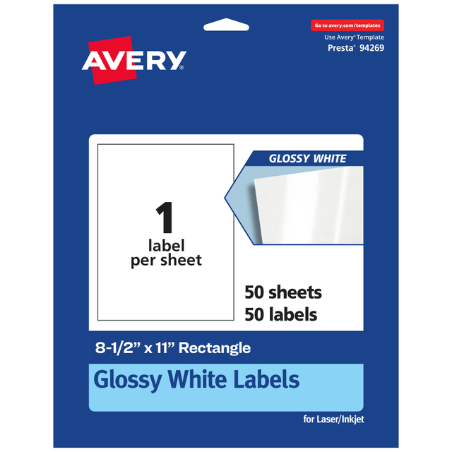 AVERY PRODUCTS CORPORATION 94269-WGP50 Avery Glossy Permanent Labels, 94269-WGP50, Rectangle, 8-1/2in x 11in, White, Pack Of 50 AVERY PRODUCTS CORPORATION 94269-WGP50 Avery Glossy Permanent Labels, 94269-WGP50, Rectangle, 8-1/2in x 11in, White, Pack Of 50