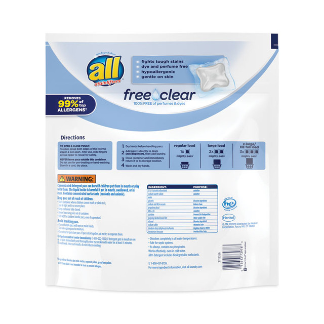 VEND-RITE MANUFACTURING CO all® 73978 MIGHTY PACS Free Clear Super Concentrated HE Laundry Detergent, 39/Pack, 6 Packs/Carton