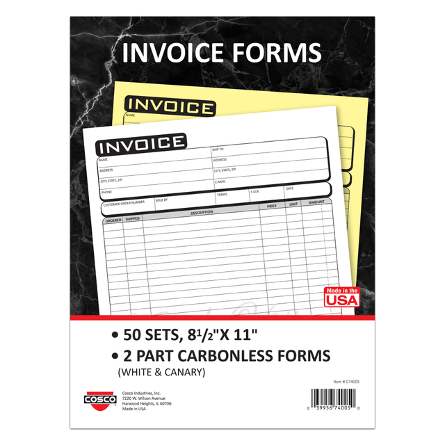 CONSOLIDATED STAMP MFG CO 074005 COSCO Invoice Form Book With Slip, 2-Part Carbonless, 8-1/2in x 11in, Business, Book Of 50 Sets