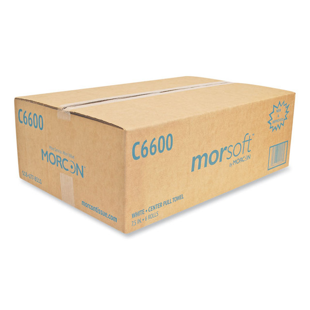 MORCON Tissue C6600 Morsoft Center-Pull Roll Towels, 2-Ply, 6.9" dia, White, 600 Sheets/Roll, 6 Rolls/Carton