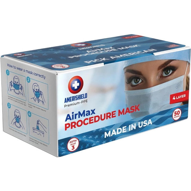 PREMIUMESTORE LLC D.B.A PREMIUM-PPE PPE-M-AS-SUR-S Amerishield AirMax Level 3 Surgical Masks, One Size, Blue, Box Of 50 Masks