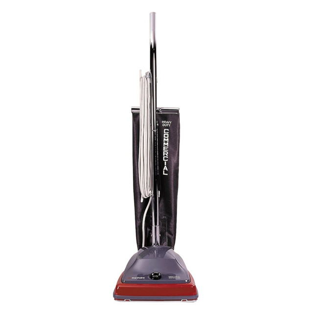 With a 5-amp, maintenance-free motor and polycarbonate hood, this Eureka vacuum cleaner offers a lightweight, yet powerful, design. Use the Sanitaire lightweight vacuum cleaner to keep your facility clean.  Commercial upright vacuum cleaner includes a 30ft cord, 4-position carpet height adjustment, ball-bearing beater bar, brush roll and shake-out heavy-duty cloth bag.  Features a 12in sweep width.  UL commercial approved and meets OSHA standards.