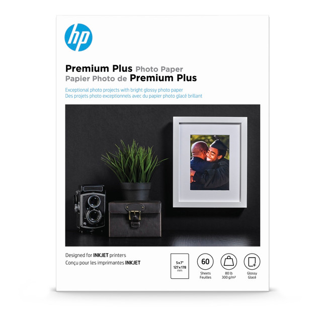 HP INC. CR669A HP Premium Plus Photo Paper for Inkjet Printers, Glossy, 5in x 7in, 80 Lb., Pack Of 60 Sheets (CR669A)