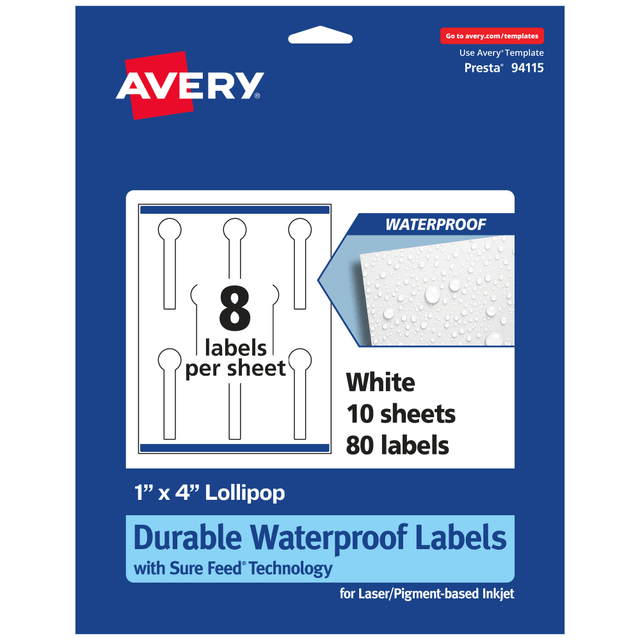 AVERY PRODUCTS CORPORATION 94115-WMF10 Avery Waterproof Permanent Labels With Sure Feed, 94115-WMF10, Lollipop, 1in x 4in, White, Pack Of 80