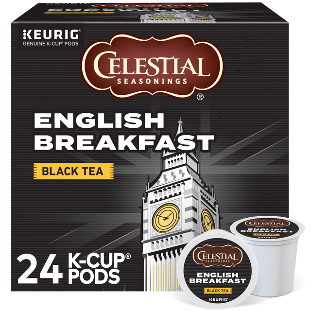 Containing a blend of quality black teas, these English breakfast tea K-Cup Pods are the perfect morning pick-me-up. Brew a cup of Celestial Seasonings tea anytime with ease.  A robust, full-bodied brew with a bright floral note.  Each K-Cup Pod has a built-in filter - no measuring and no mess.  K-Cup Pods are designed for use in single-cup brewing systems.  English breakfast tea comes in a box of 24.  Celestial Seasonings is not affiliated with Keurig or K-Cup. K-Cup is a registered trademark of Keurig Incorporated.