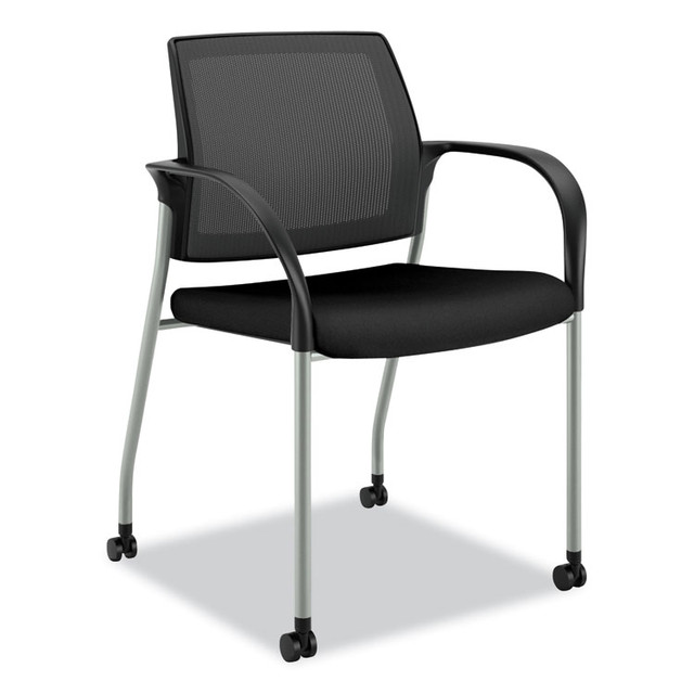 HON COMPANY IS107IMCU10P Ignition Series Mesh Back Mobile Stacking Chair, Fabric Seat, 25" x 21.75" x 33.5", Black Seat, Black Back, Platinum Base