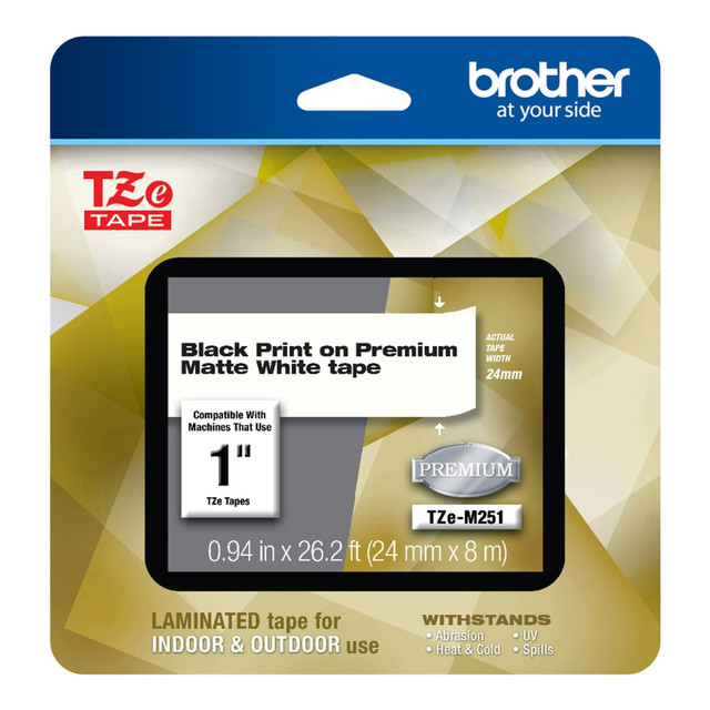 BROTHER INTL CORP Brother TZEM251  TZE Premium Matte Laminated Tape, 0.94in x 26.2ft, Black/White