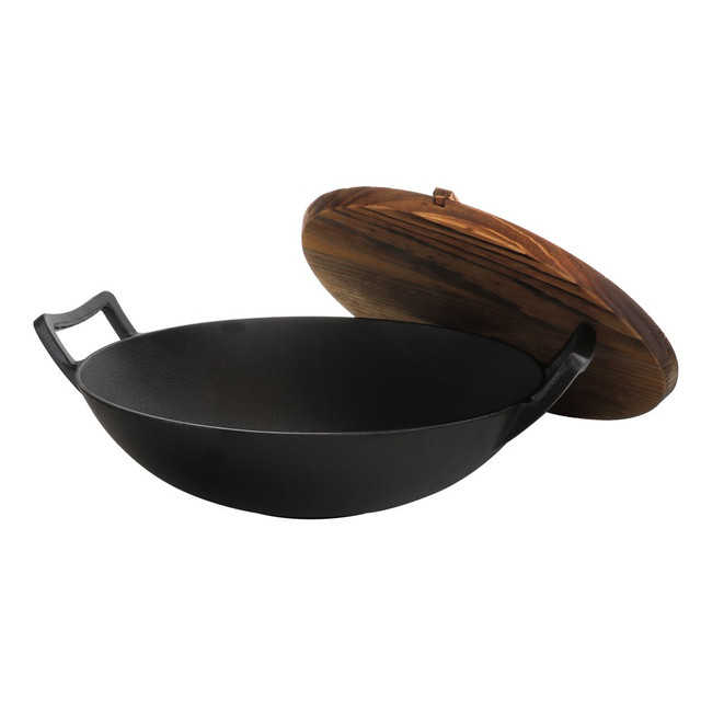 GIBSON OVERSEAS INC. 995112505M Gibson General Store Addlestone 2-Piece Heavy-Duty Cast-Iron Wok With Wood Lid, 14in, Black