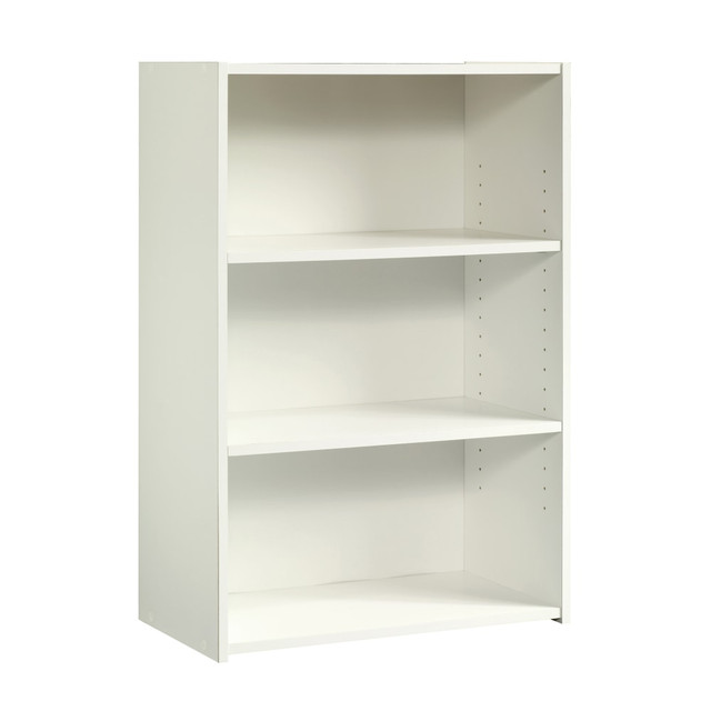 Store books or files or display your most treasured memories on this adjustable Sauder Beginnings bookcase. Designed to suit any home or office, with simple, clean lines and a traditional wood finish, this shelving unit stands the test of time.  Constructed from strong, long-lasting engineered wood for a storage solution you can rely on.  3 Shelf Bookcase  2 Height-adjustable shelves adapt to fit your tallest books and keepsakes.  Weight capacity per shelf tested to support 25 lb.