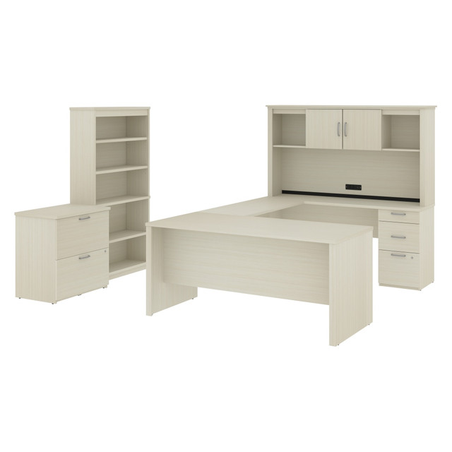 BESTAR INC. 46851-31 Bestar Logan U-Shaped Desk With Hutch, Lateral File Cabinet And Bookcase, White Chocolate