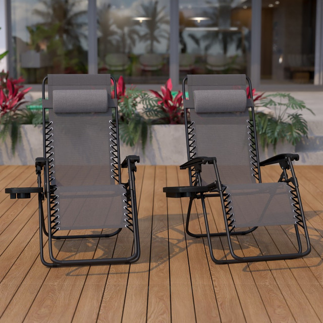 FLASH FURNITURE 2GM103122SSGR Adjustable Folding Mesh Zero Gravity Reclining Lounge Chairs With Pillow And Tray, Gray/Black, Set Of 2 Chairs FLASH FURNITURE 2GM103122SSGR Adjustable Folding Mesh Zero Gravity Reclining Lounge Chairs With Pillow And Tray, Gray/Black, Set Of 2 Chairs