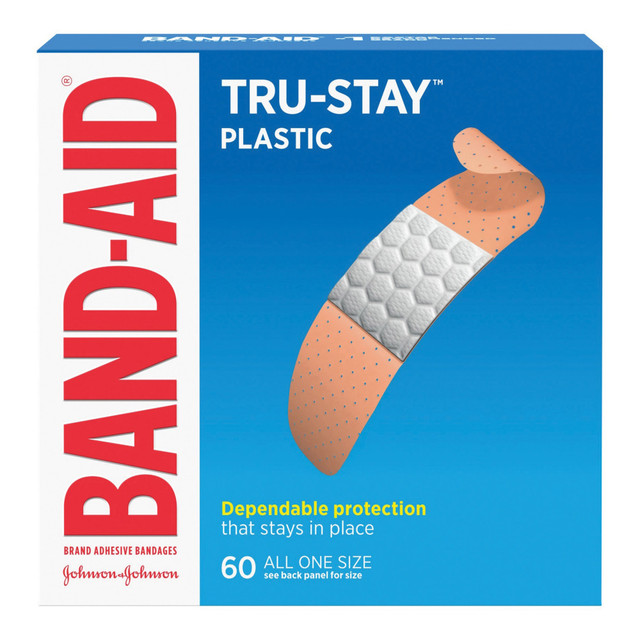 JOHNSON & JOHNSON CONSUMER INC 5635 BAND-AID Brand TRU-STAY Plastic Strips Adhesive Bandages, All One Size, Box of 60 JOHNSON & JOHNSON CONSUMER INC 5635 BAND-AID Brand TRU-STAY Plastic Strips Adhesive Bandages, All One Size, Box of 60
