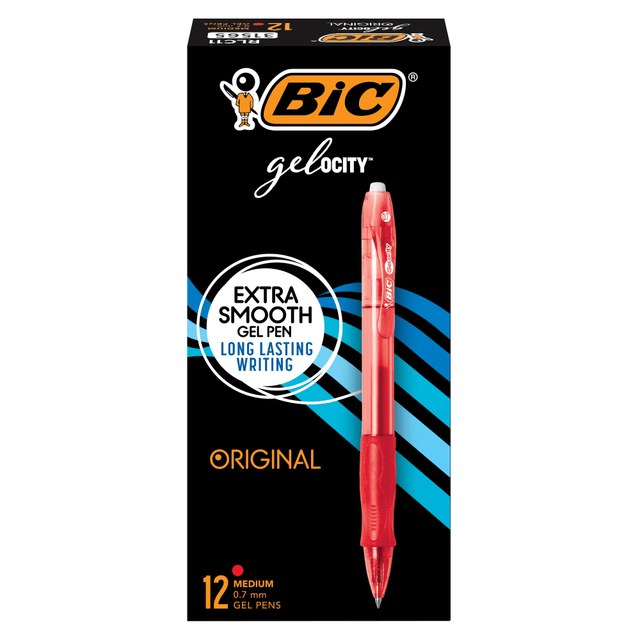 BIC CORP RLC11-RED BIC Gel-ocity Retractable Gel Ink Rollerball Pens, Medium Point, 0.7 mm, Red Barrel, Red Ink, Pack Of 12