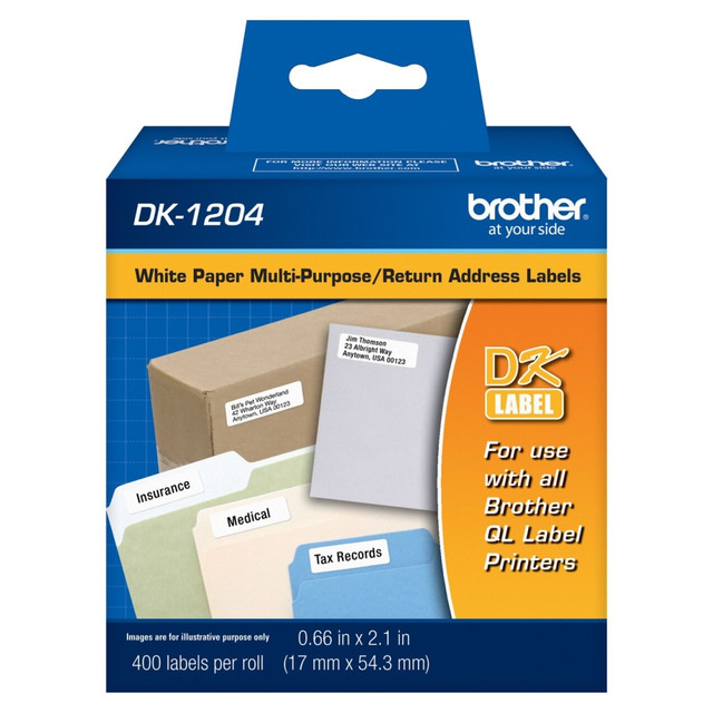 BROTHER INTL CORP DK1204 Brother DK-1204 Black-On-White Labels, 0.67in x 2.13in, Roll Of 400